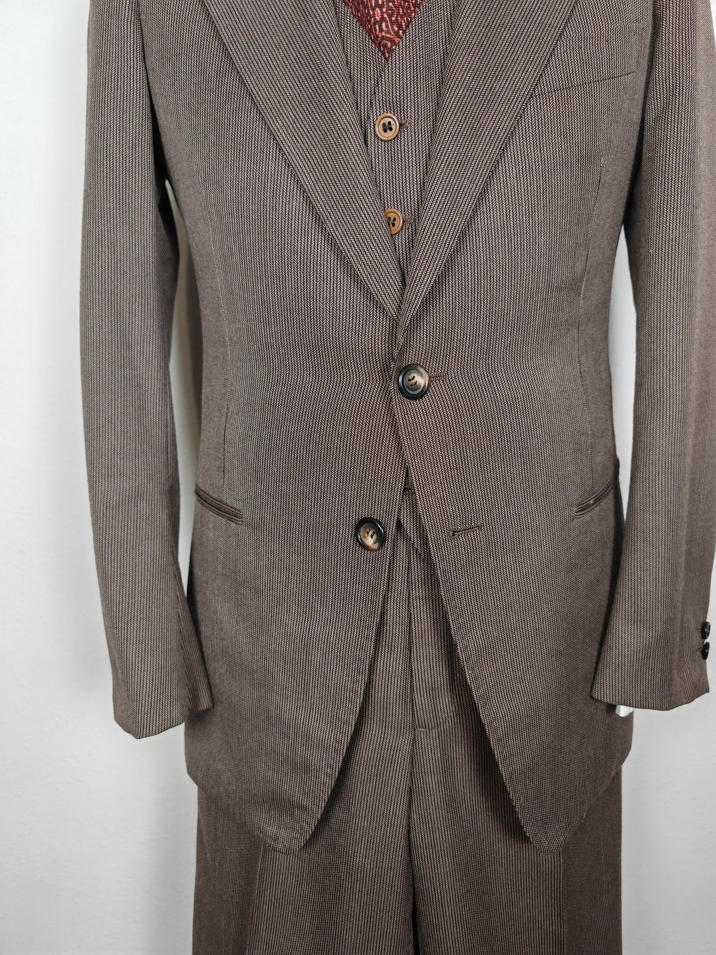 Completo 3 pezzi svasato anni '70 marrone spigato - tg. 44