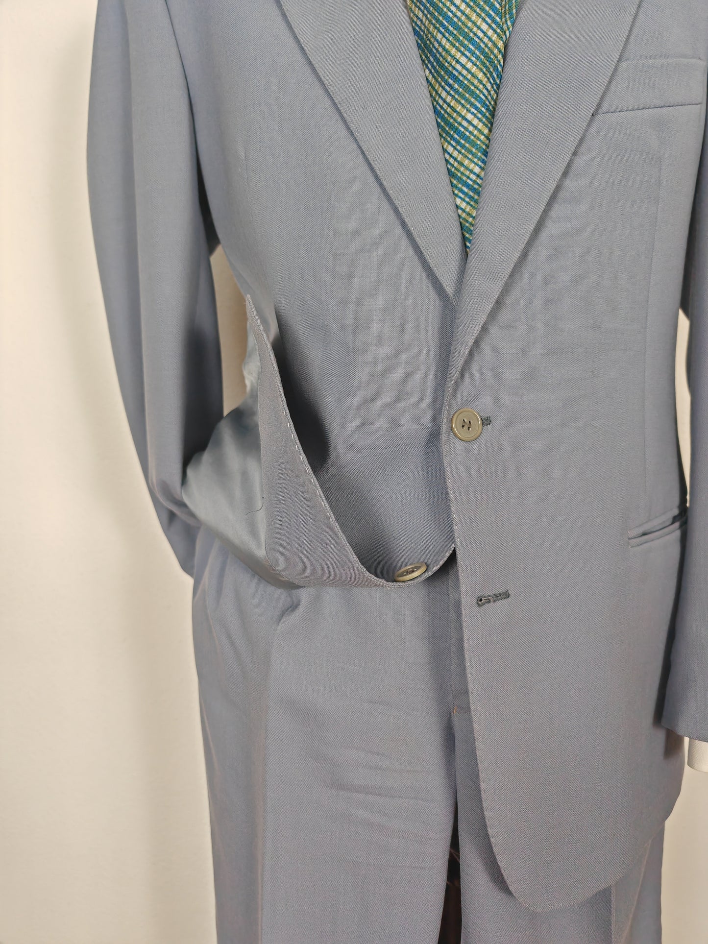 Completo anni '70 in tela di lana azzurro carta da zucchero - tg. 50