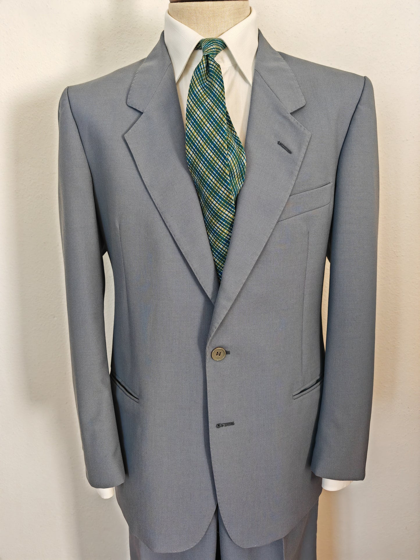 Completo anni '70 in tela di lana azzurro carta da zucchero - tg. 50