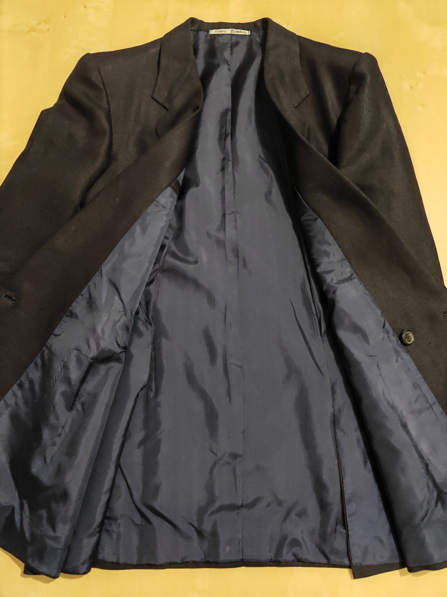 Completo doppiopetto sartoriale anni '70 in puro lino blu - tg. 46