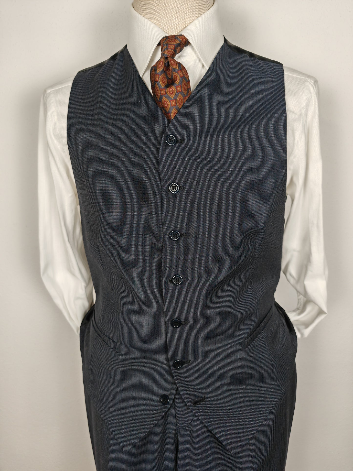 Completo 3 pezzi anni '90 in fresco lana blu gessato - tg. 50