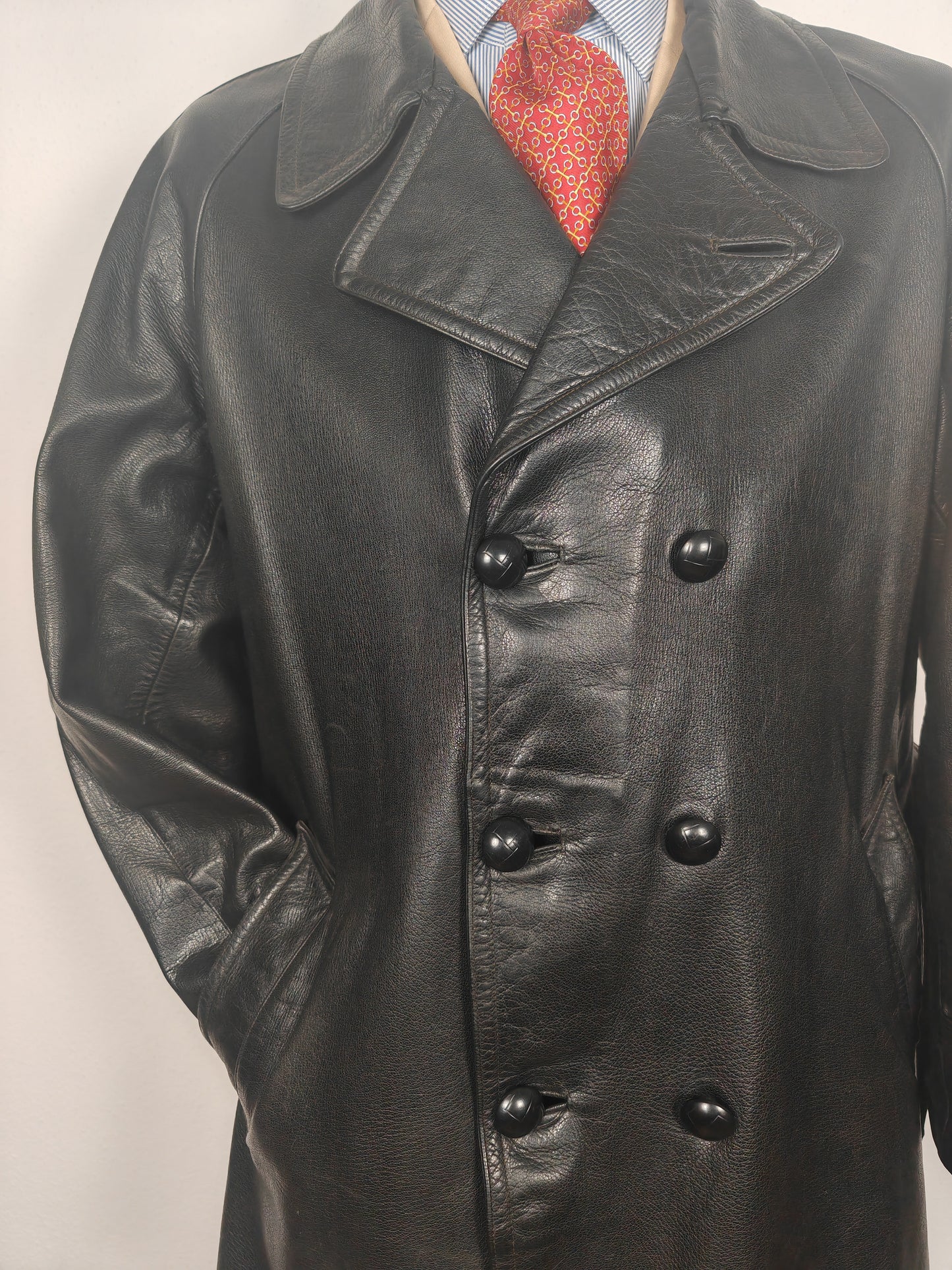 Giacca in pelle doppiopetto anni '50/'60 stile biker/militare - tg. 46-50
