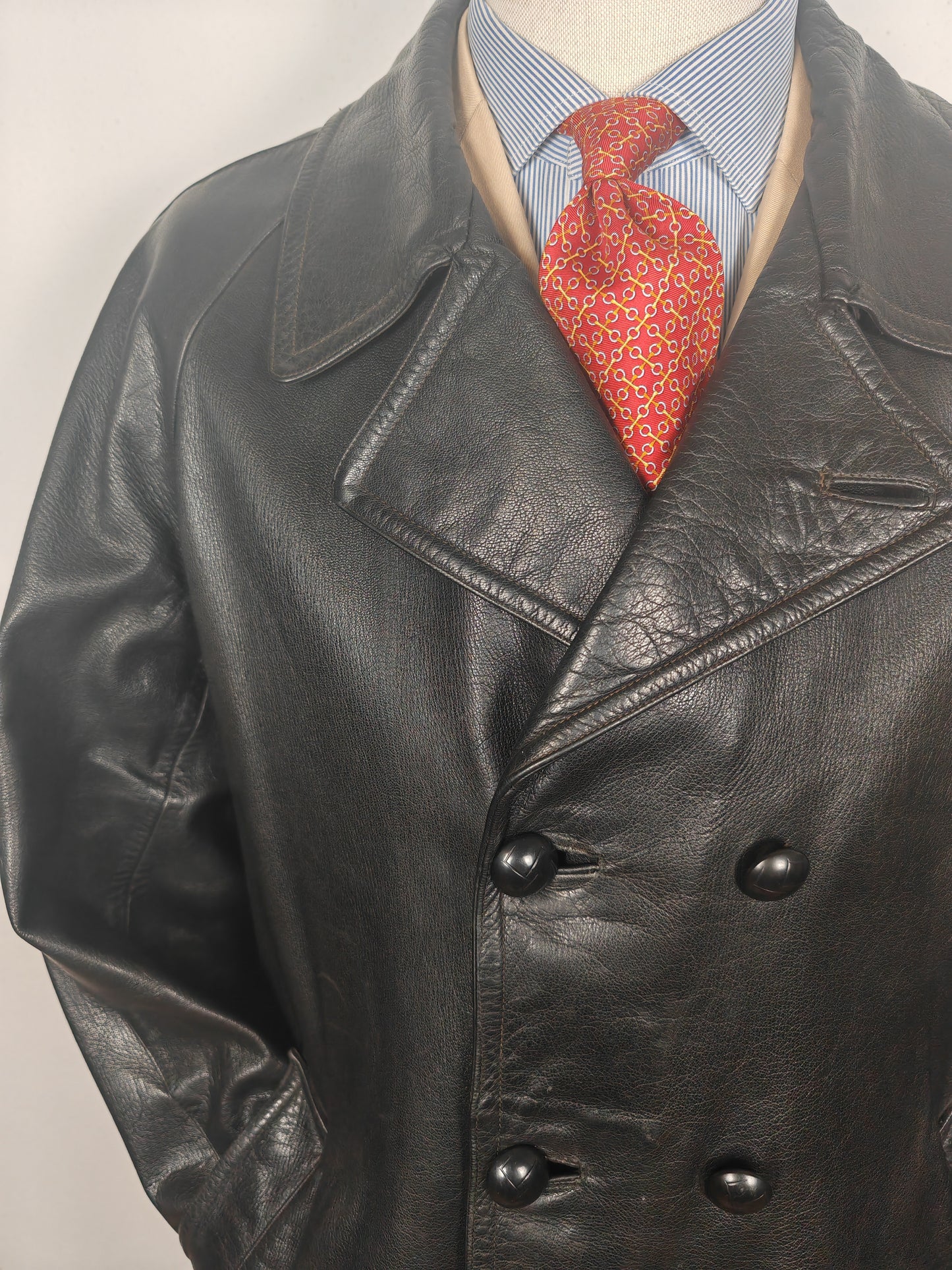 Giacca in pelle doppiopetto anni '50/'60 stile biker/militare - tg. 46-50