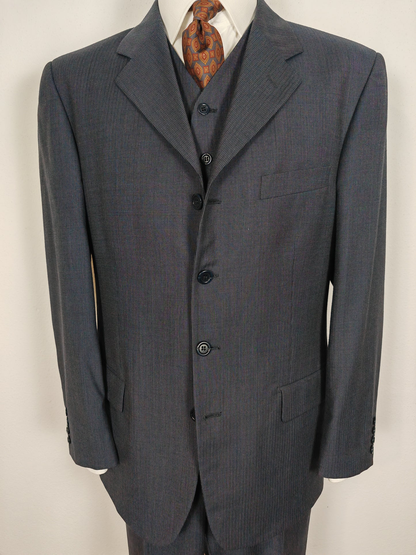 Completo 3 pezzi anni '90 in fresco lana blu gessato - tg. 50