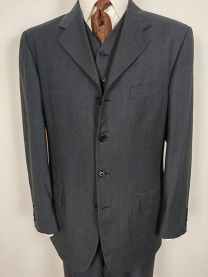 Completo 3 pezzi anni '90 in fresco lana blu gessato - tg. 50