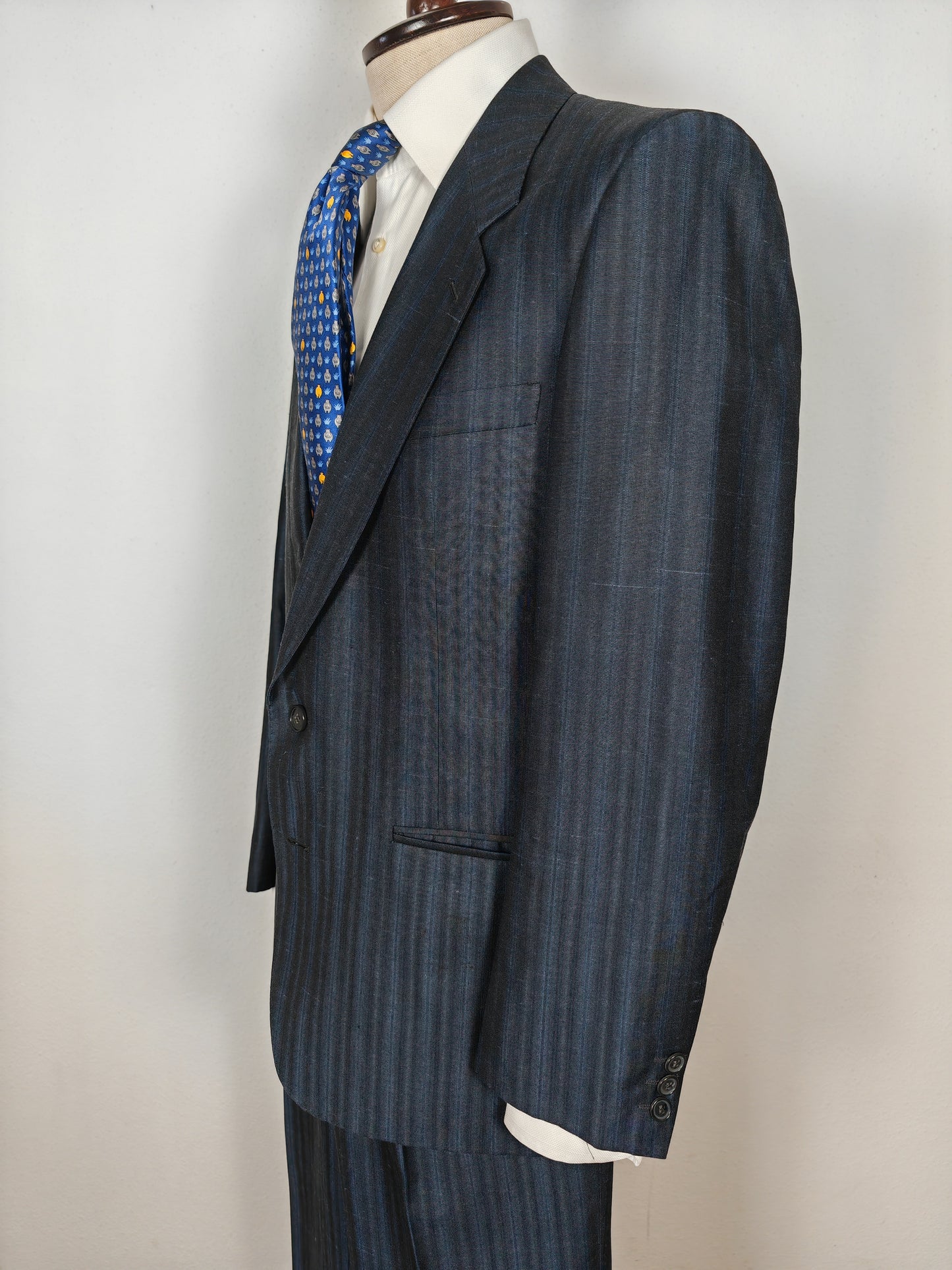 Completo anni '80 blu in pura seta shantung Marzotto - tg. 50