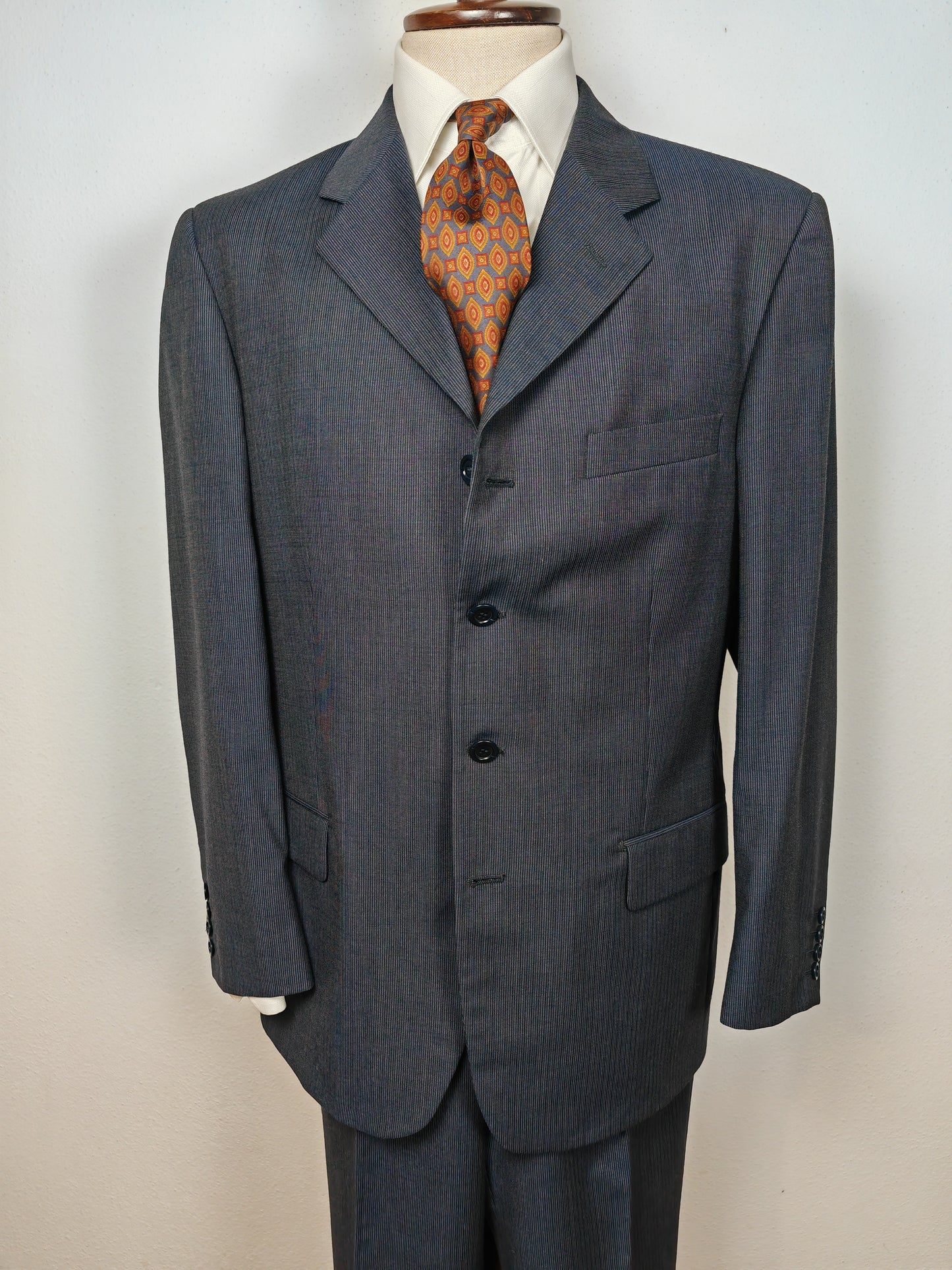 Completo 3 pezzi anni '90 in fresco lana blu gessato - tg. 50