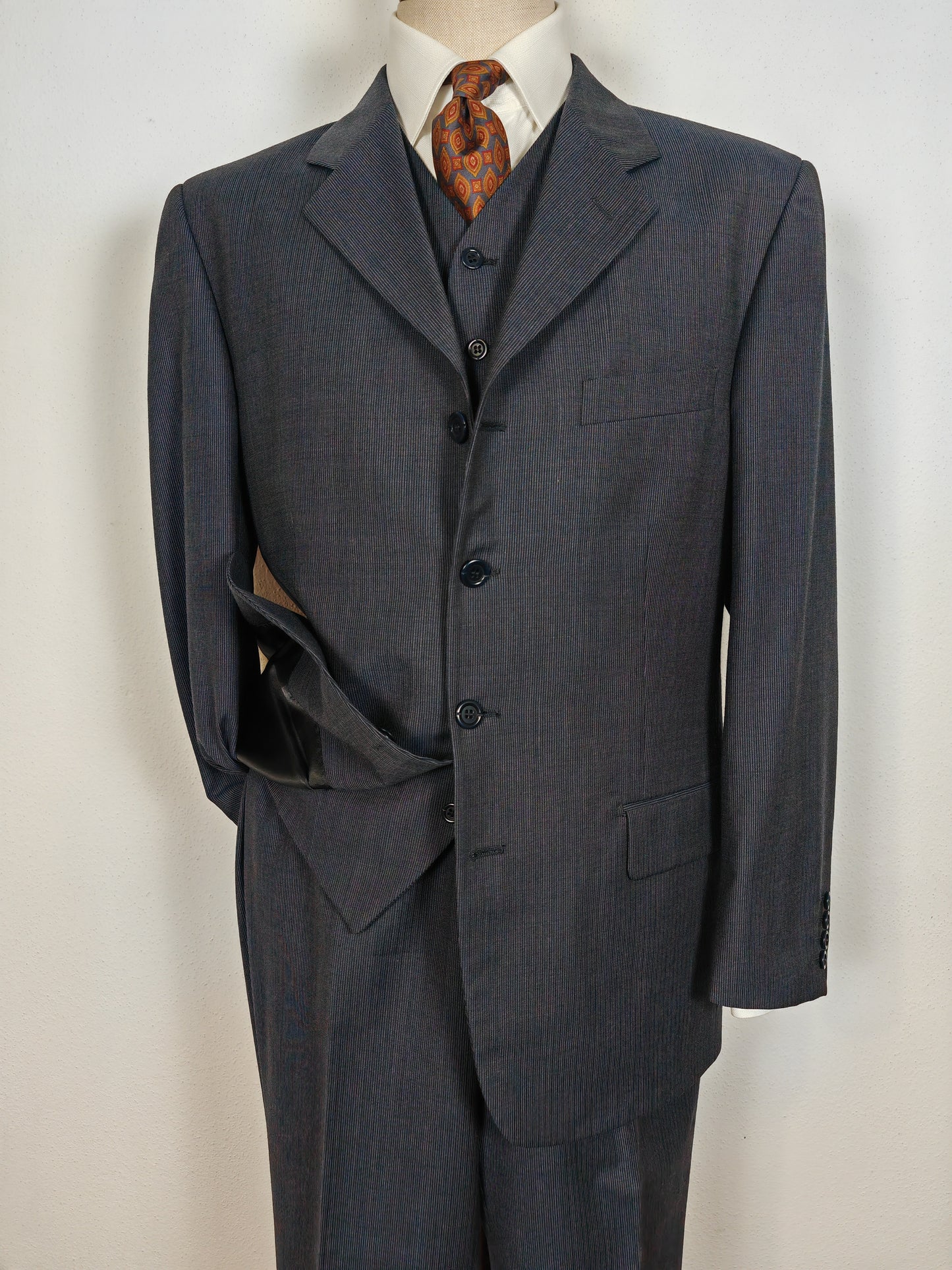 Completo 3 pezzi anni '90 in fresco lana blu gessato - tg. 50