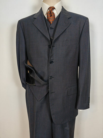 Completo 3 pezzi anni '90 in fresco lana blu gessato - tg. 50