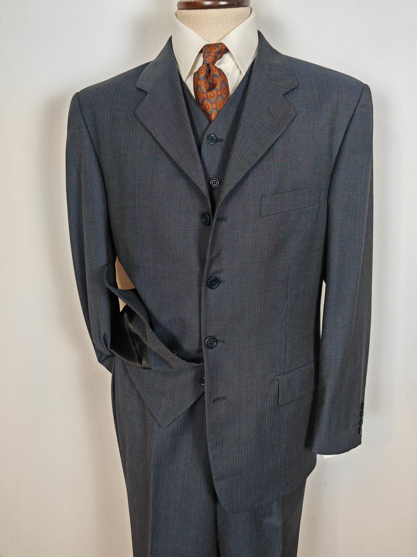 Completo 3 pezzi anni '90 in fresco lana blu gessato - tg. 50