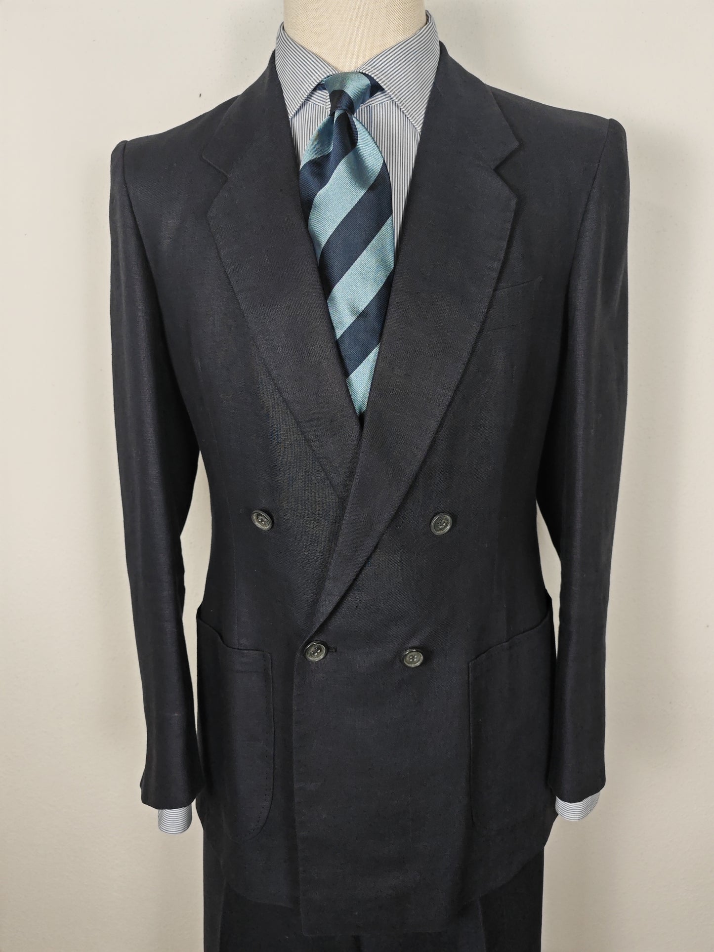 Completo doppiopetto sartoriale anni '70 in puro lino blu - tg. 46