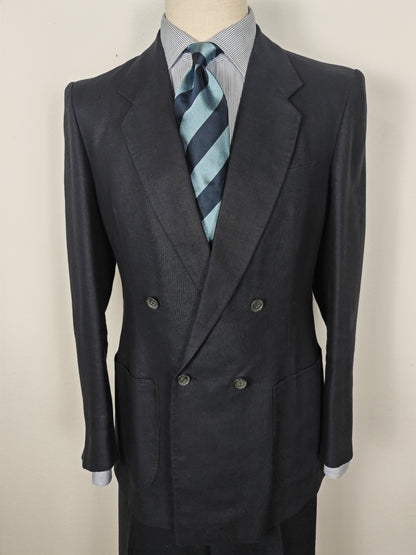 Completo doppiopetto sartoriale anni '70 in puro lino blu - tg. 46
