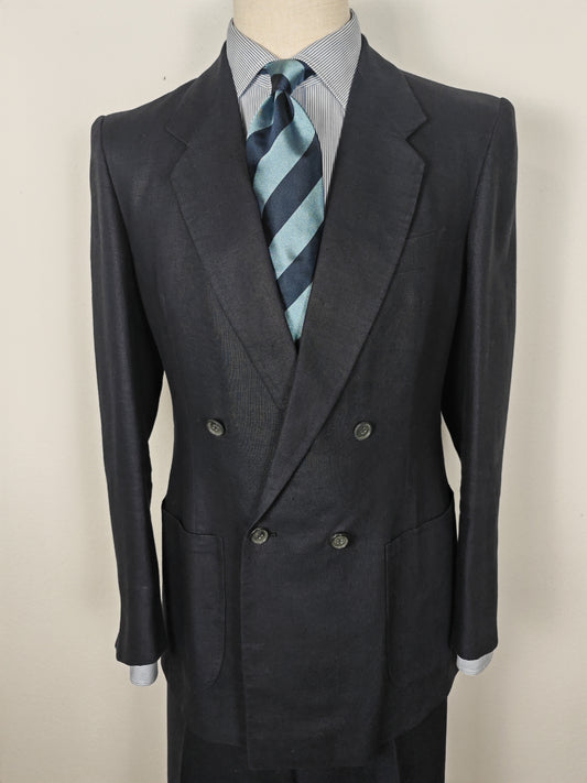 Completo doppiopetto sartoriale anni '70 in puro lino blu - tg. 46