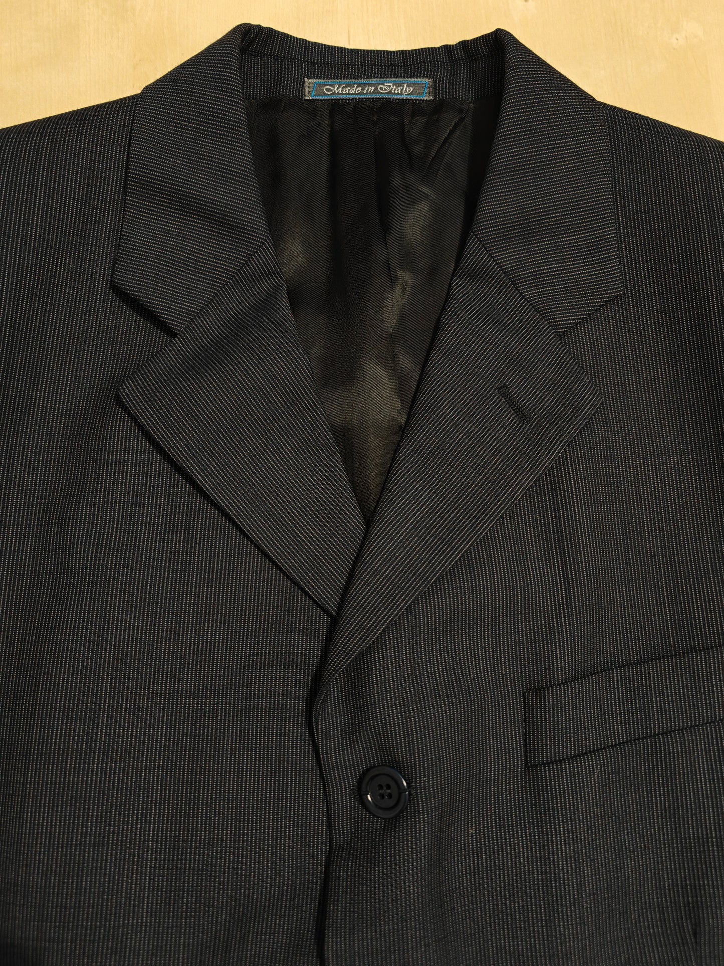 Completo 3 pezzi anni '90 in fresco lana blu gessato - tg. 50