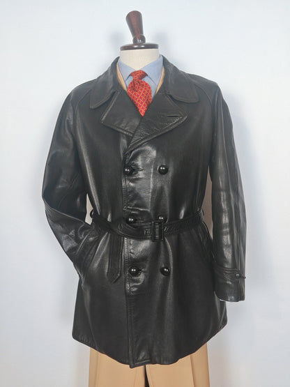 Giacca in pelle doppiopetto anni '50/'60 stile biker/militare - tg. 46-50
