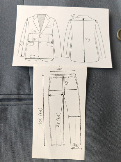 Completo anni '70 in tela di lana azzurro carta da zucchero - tg. 50