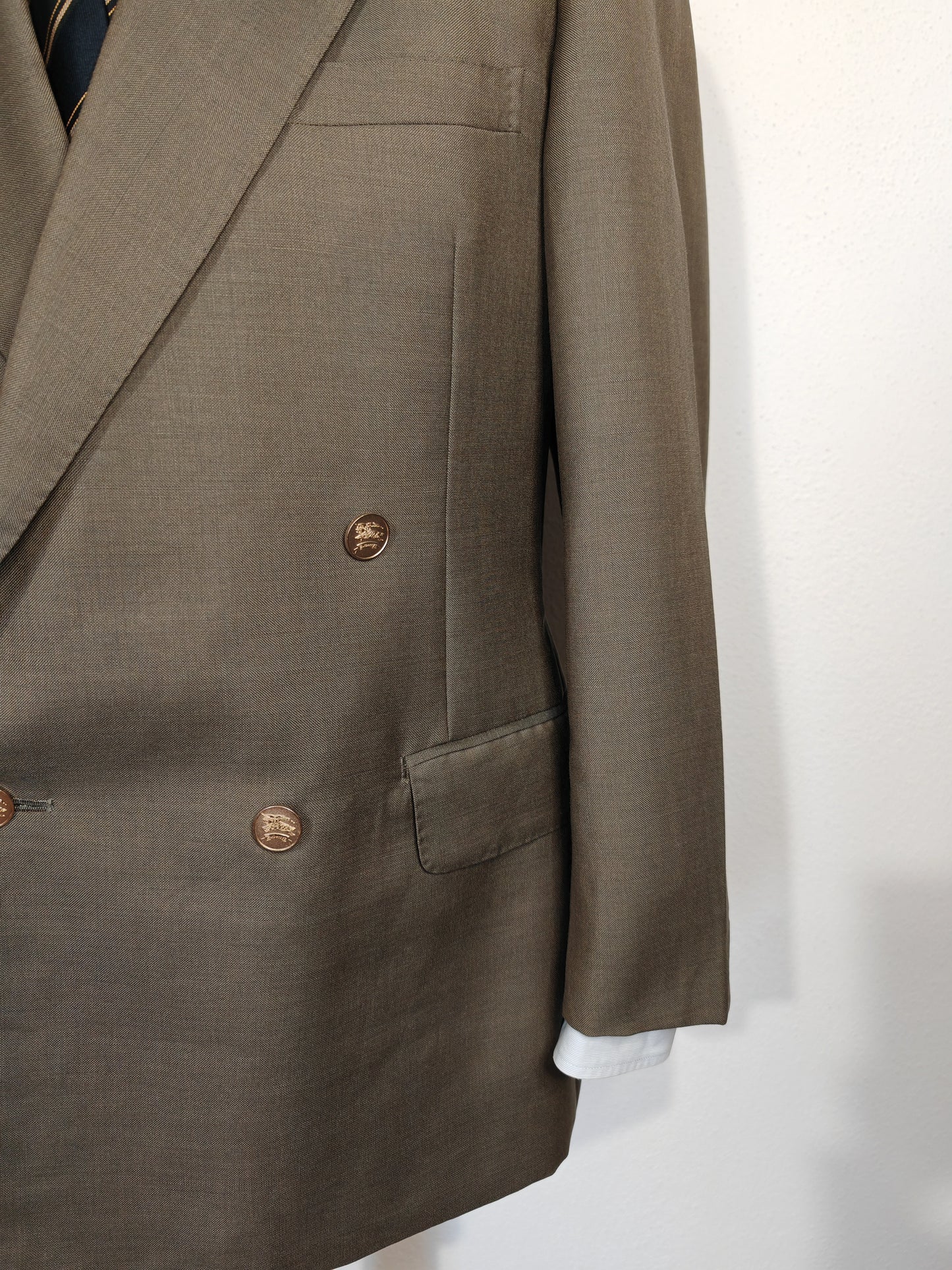 Blazer Burberrys vintage doppiopetto estivo in lana e mohair verde oliva - tg. 46/48