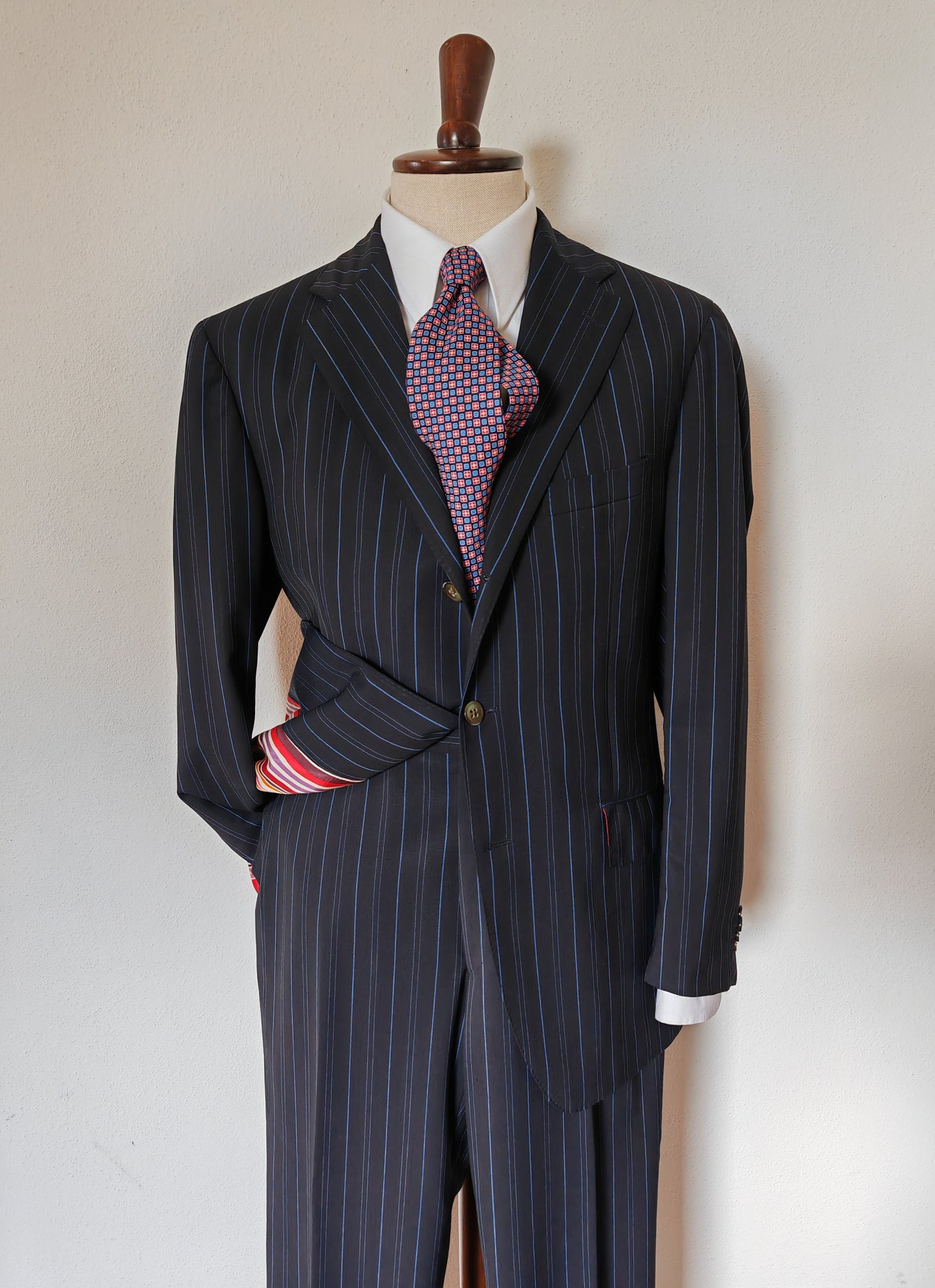 Etro, summer pinstripe suit with silk lining - size 54 ITA