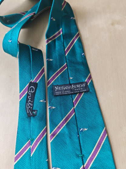 Cravatta Yves Saint Laurent verde acqua righe regimental