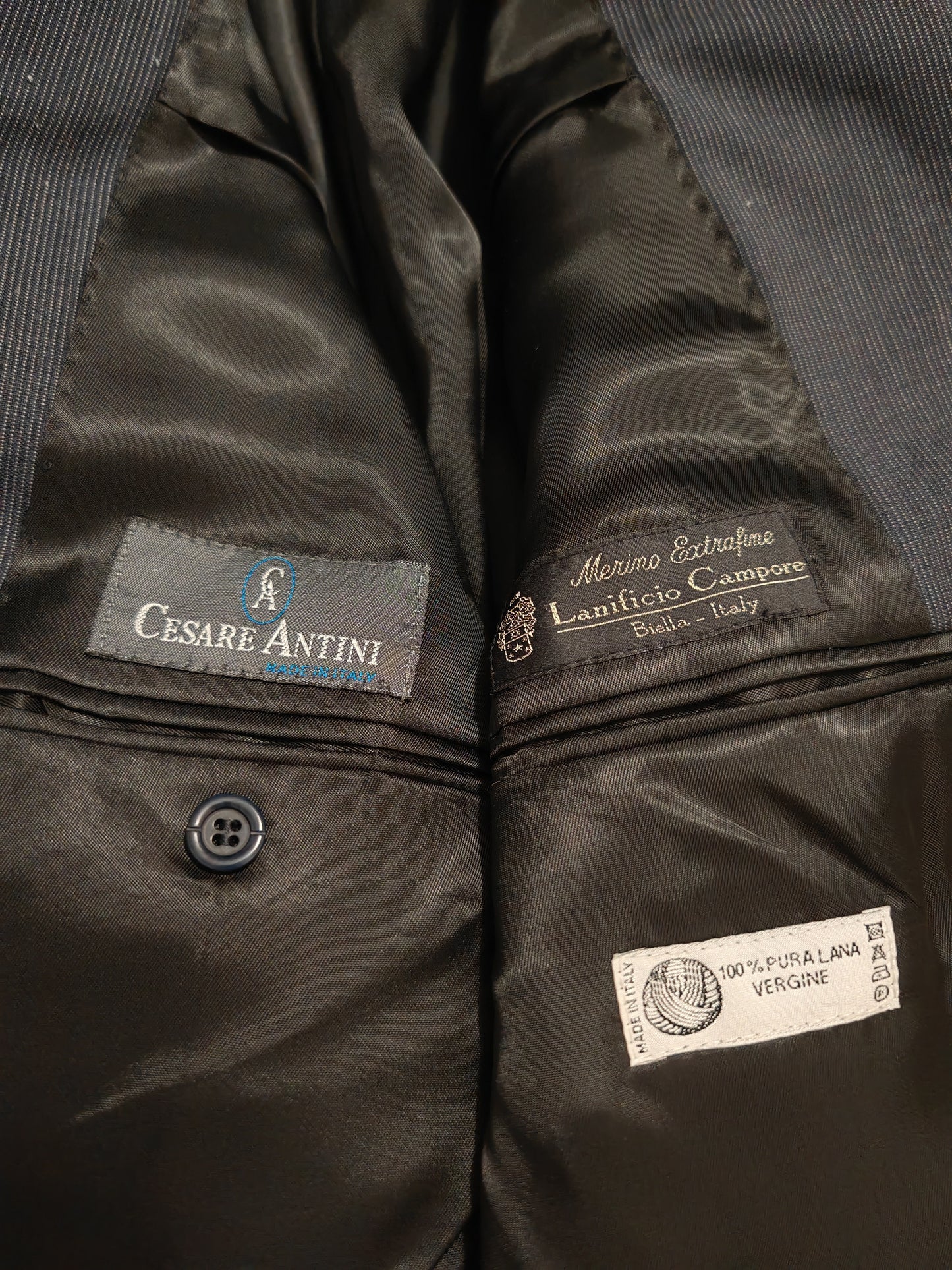 Completo 3 pezzi anni '90 in fresco lana blu gessato - tg. 50