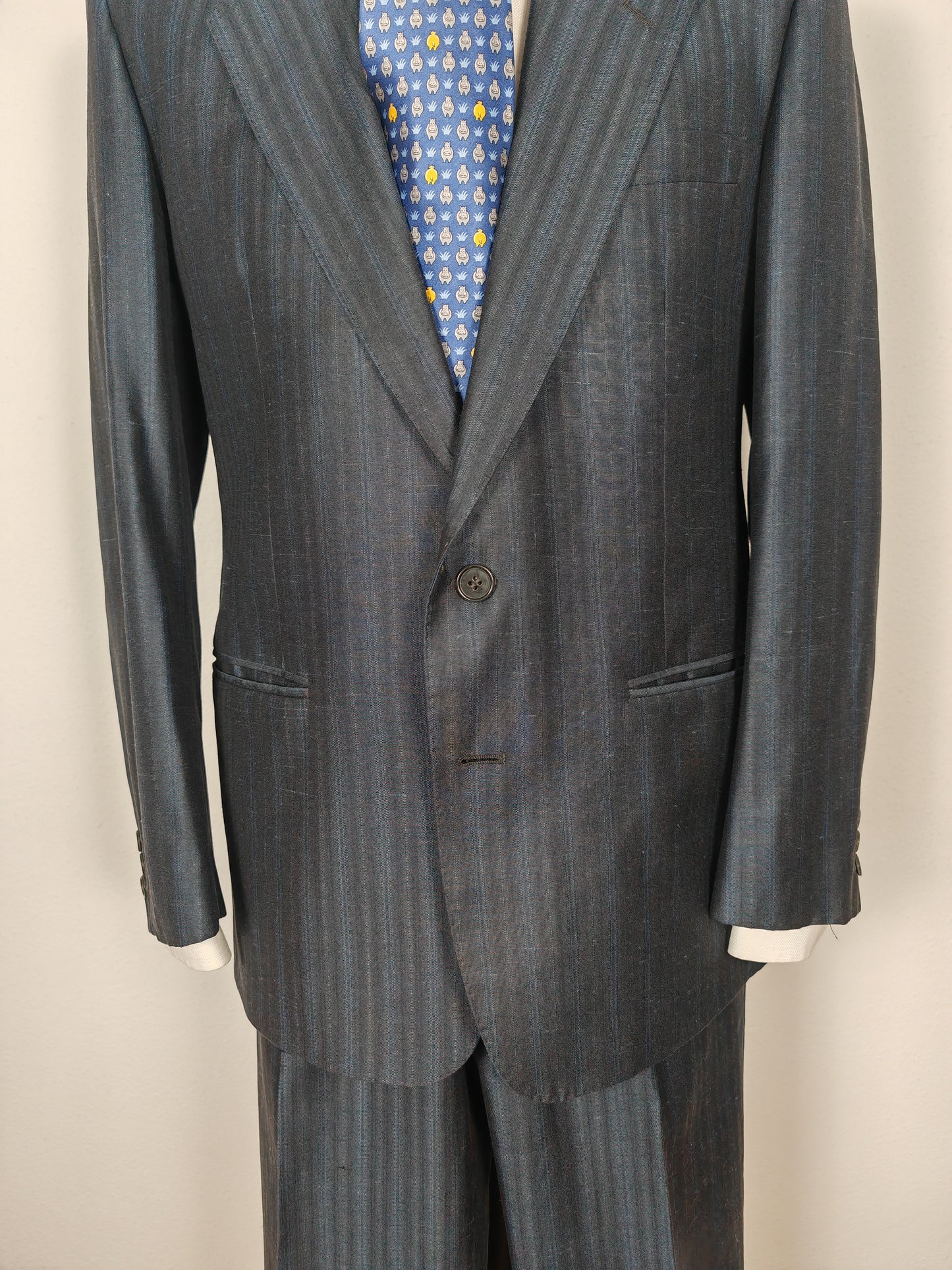 Completo anni '80 blu in pura seta shantung Marzotto - tg. 50