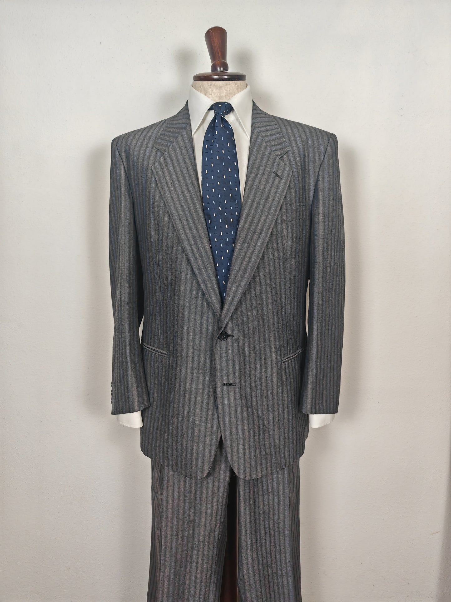 Completo anni '70/'80 tessuto Marzotto grigio a righe fresco lana - tg. 54/56