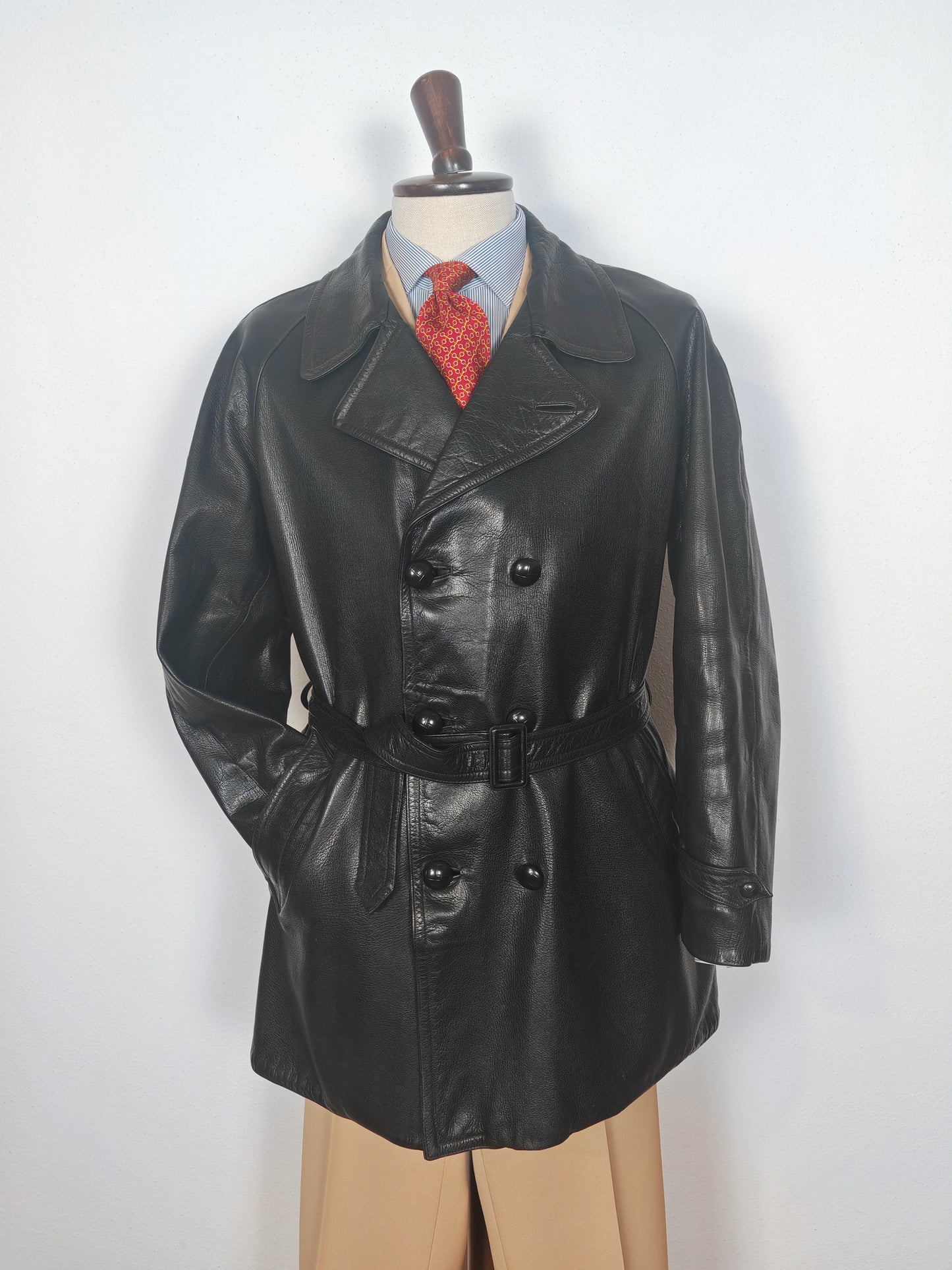 Giacca in pelle doppiopetto anni '50/'60 stile biker/militare - tg. 46-50