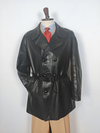 Giacca in pelle doppiopetto anni '50/'60 stile biker/militare - tg. 46-50