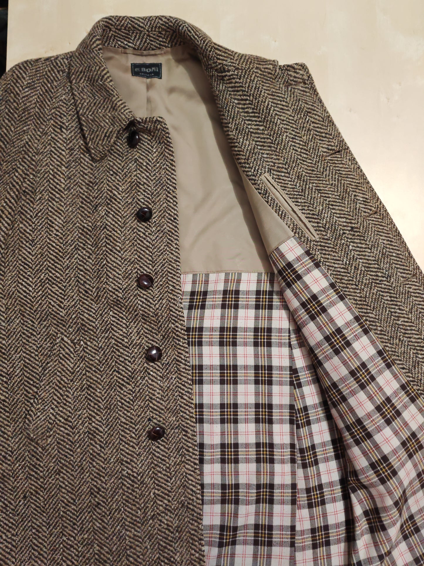 Cappotto anni '70 in tweed spigato, lunghezza tre quarti - tg. 48-50