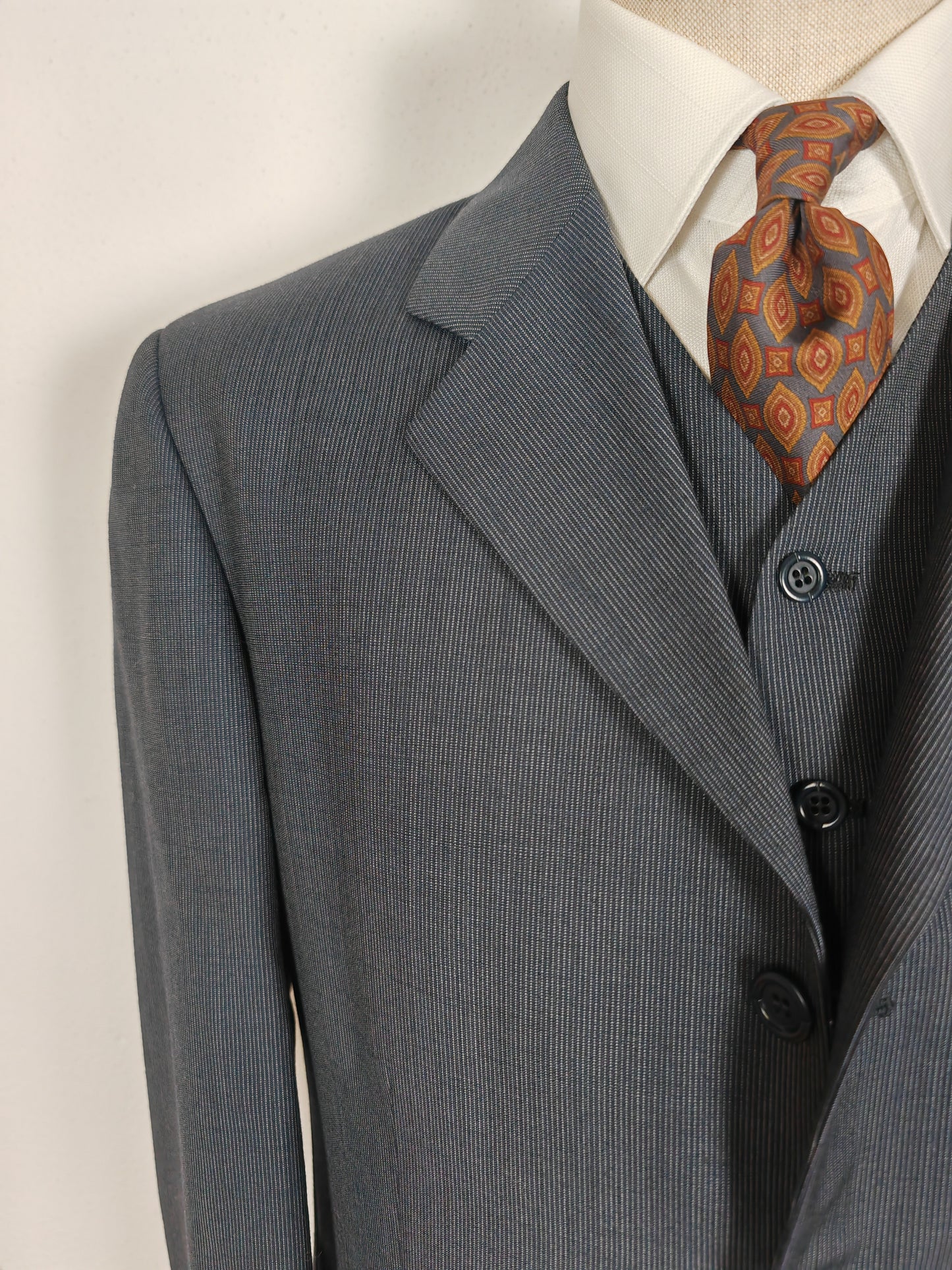 Completo 3 pezzi anni '90 in fresco lana blu gessato - tg. 50