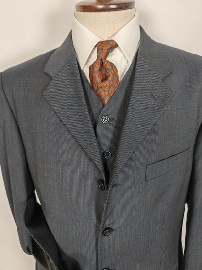 Completo 3 pezzi anni '90 in fresco lana blu gessato - tg. 50