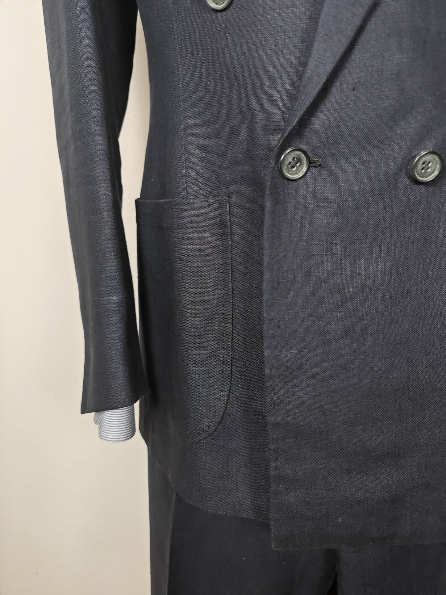 Completo doppiopetto sartoriale anni '70 in puro lino blu - tg. 46