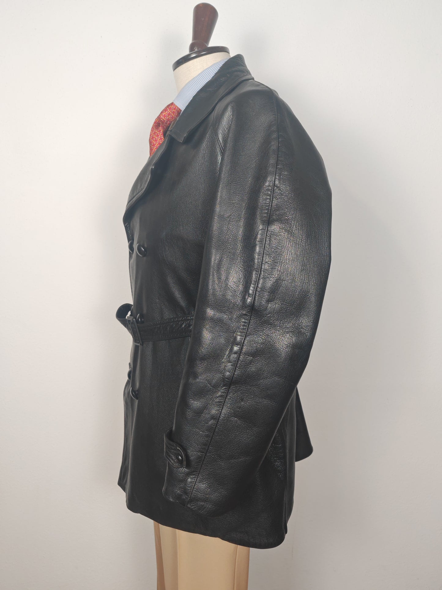 Giacca in pelle doppiopetto anni '50/'60 stile biker/militare - tg. 46-50