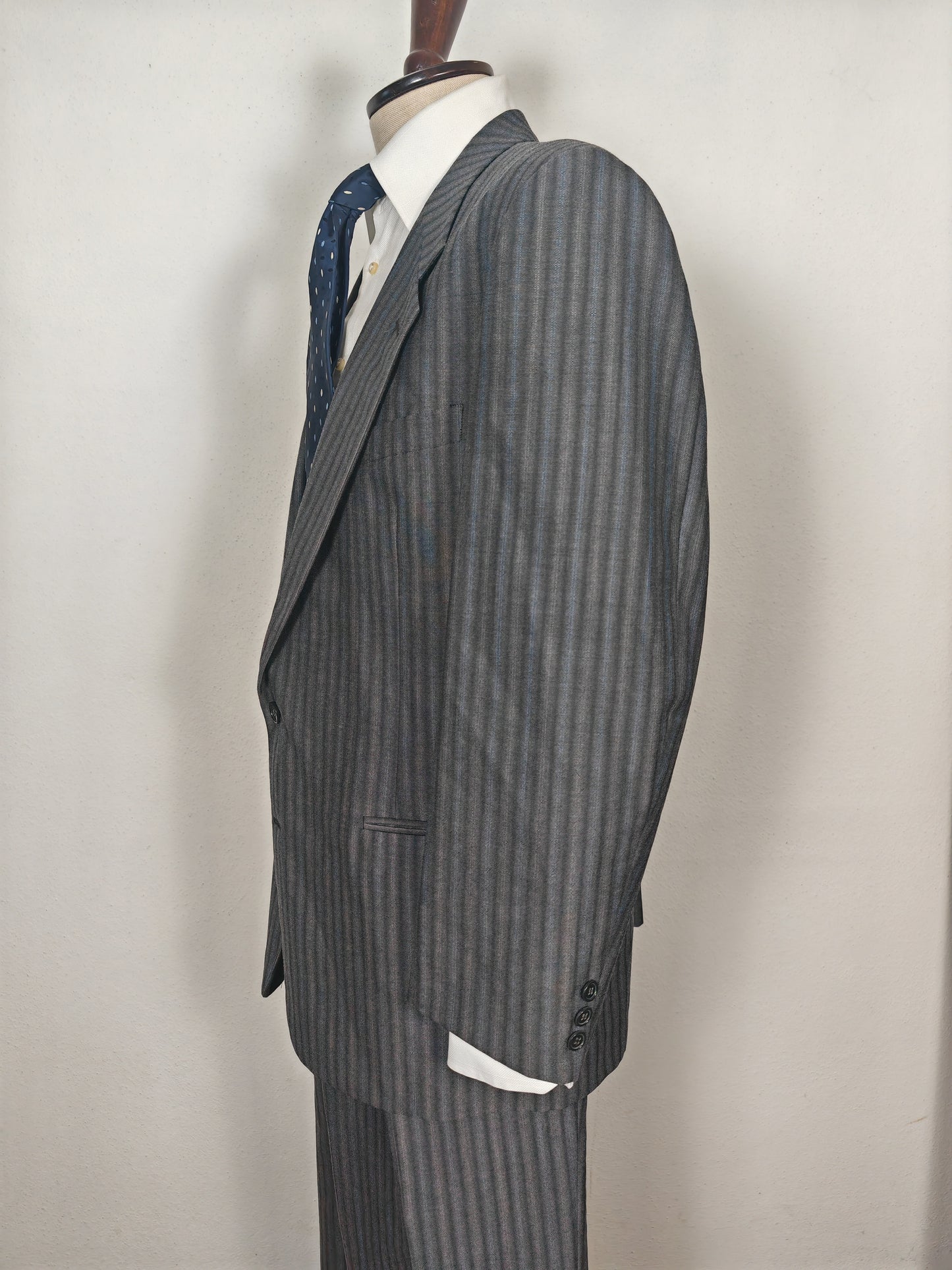 Completo anni '70/'80 tessuto Marzotto grigio a righe fresco lana - tg. 54/56