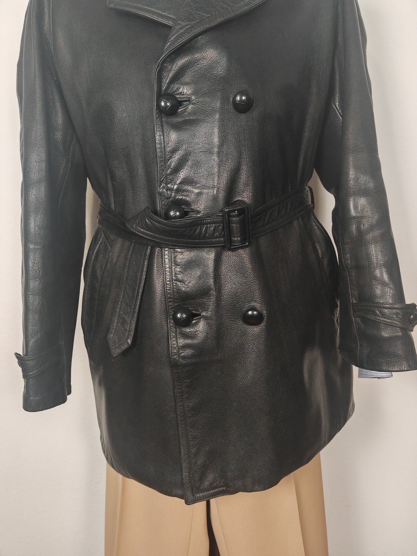 Giacca in pelle doppiopetto anni '50/'60 stile biker/militare - tg. 46-50