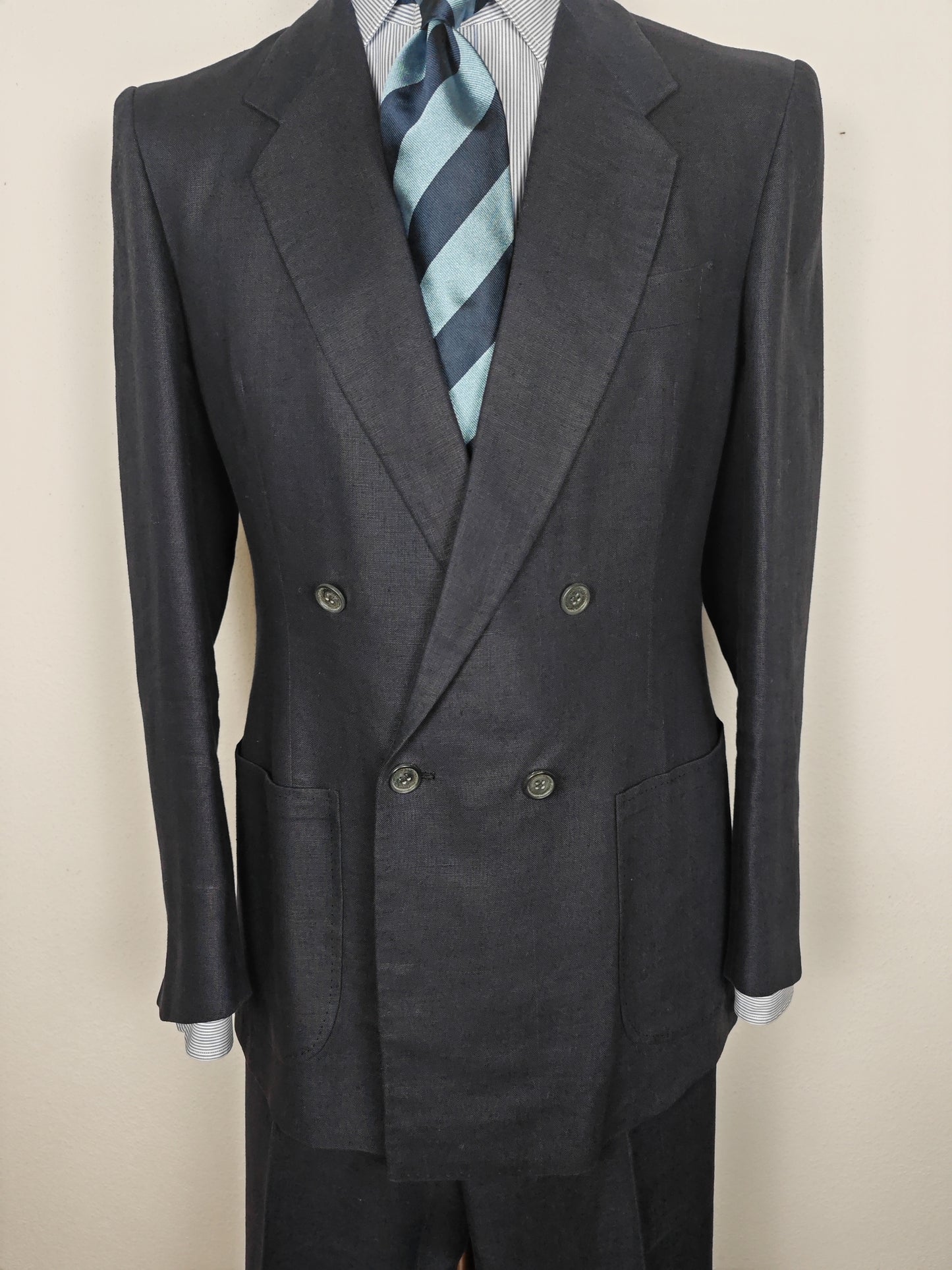 Completo doppiopetto sartoriale anni '70 in puro lino blu - tg. 46