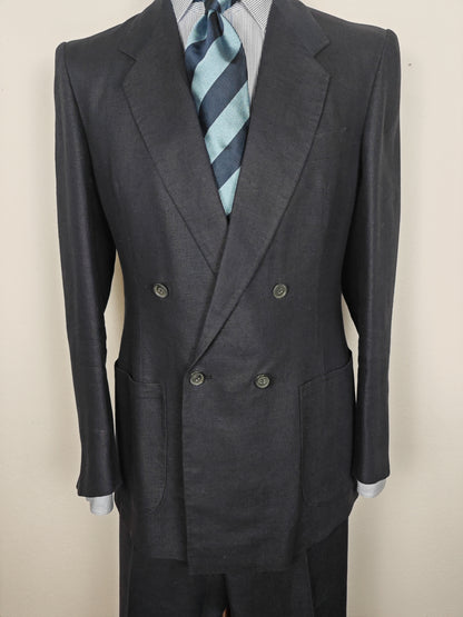 Completo doppiopetto sartoriale anni '70 in puro lino blu - tg. 46