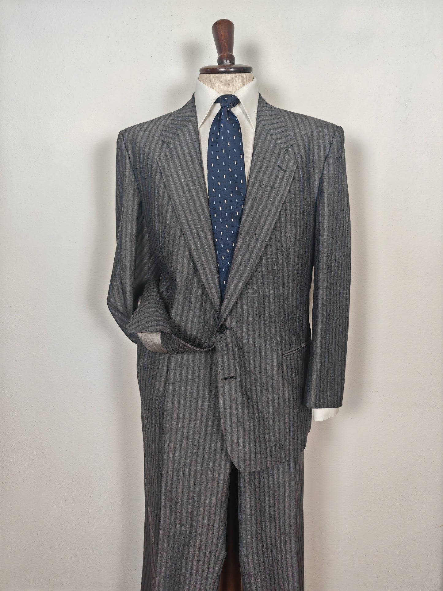 Completo anni '70/'80 tessuto Marzotto grigio a righe fresco lana - tg. 54/56