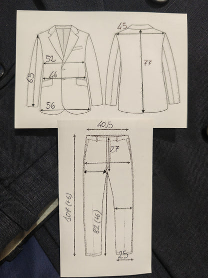 Completo doppiopetto sartoriale anni '70 in puro lino blu - tg. 46