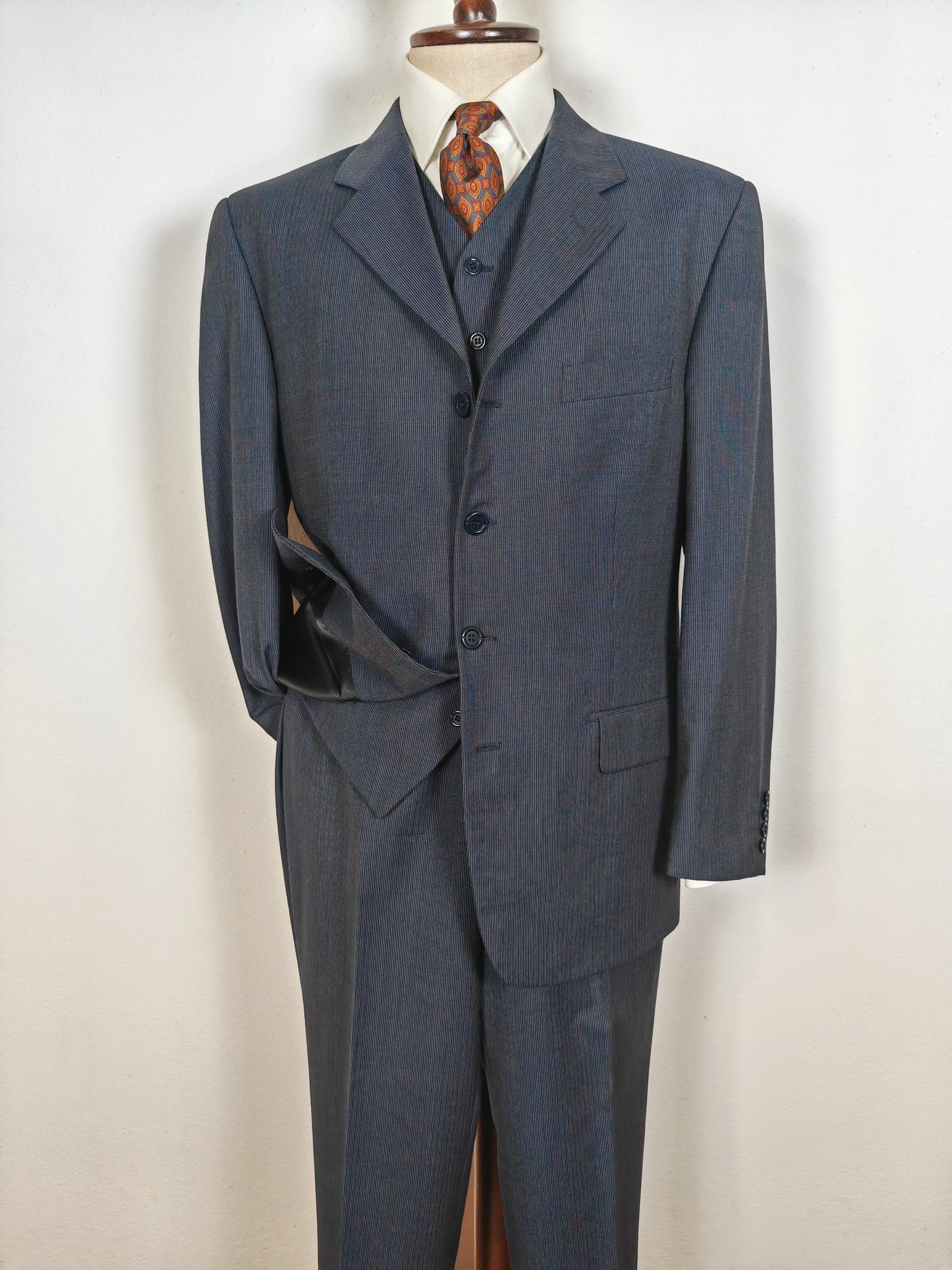 Completo 3 pezzi anni '90 in fresco lana blu gessato - tg. 50