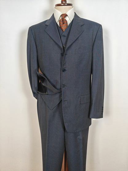 Completo 3 pezzi anni '90 in fresco lana blu gessato - tg. 50