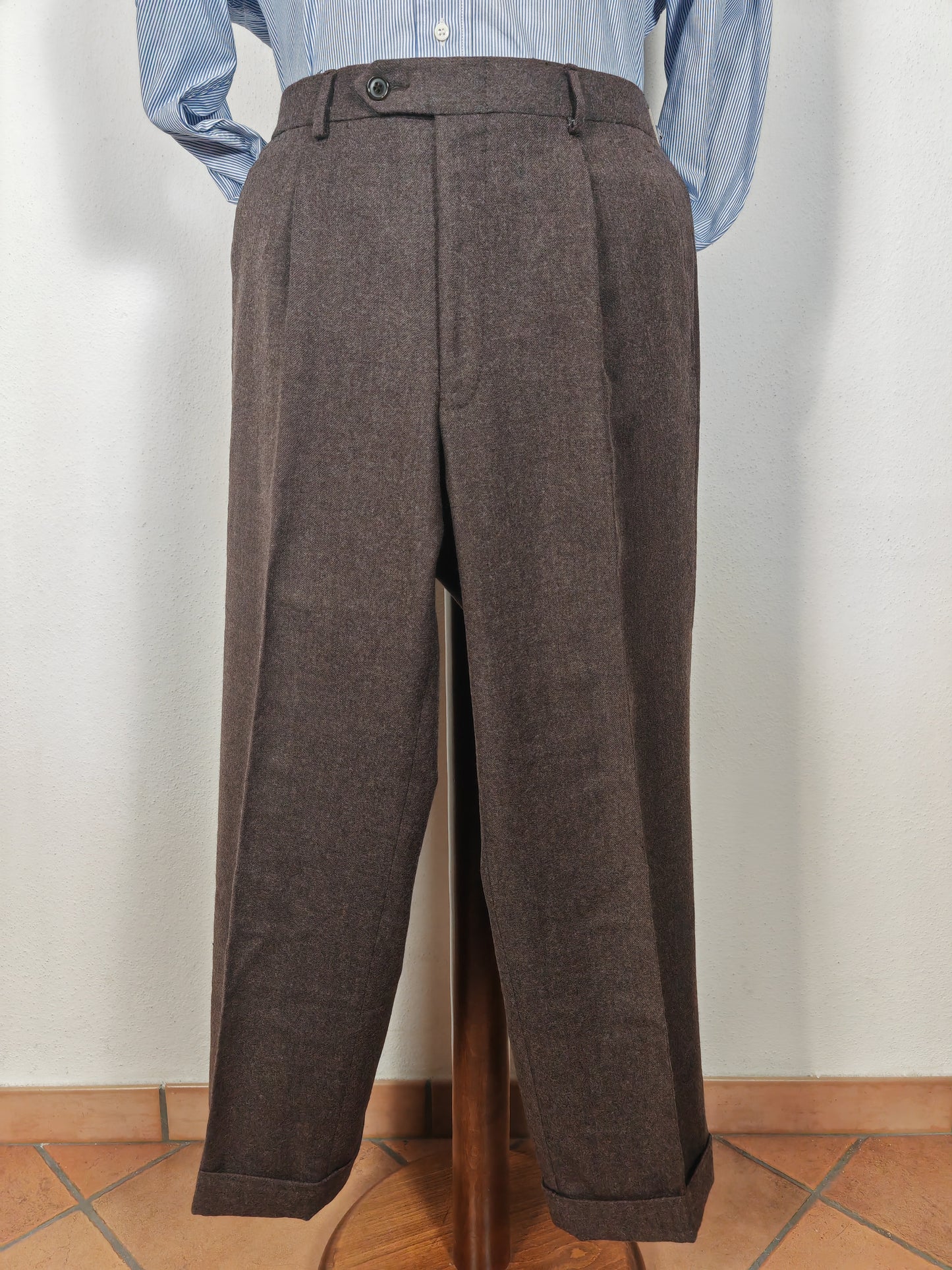 Pantalone De Paz in flanella marrone con risvolto - tg. 50/52 corta