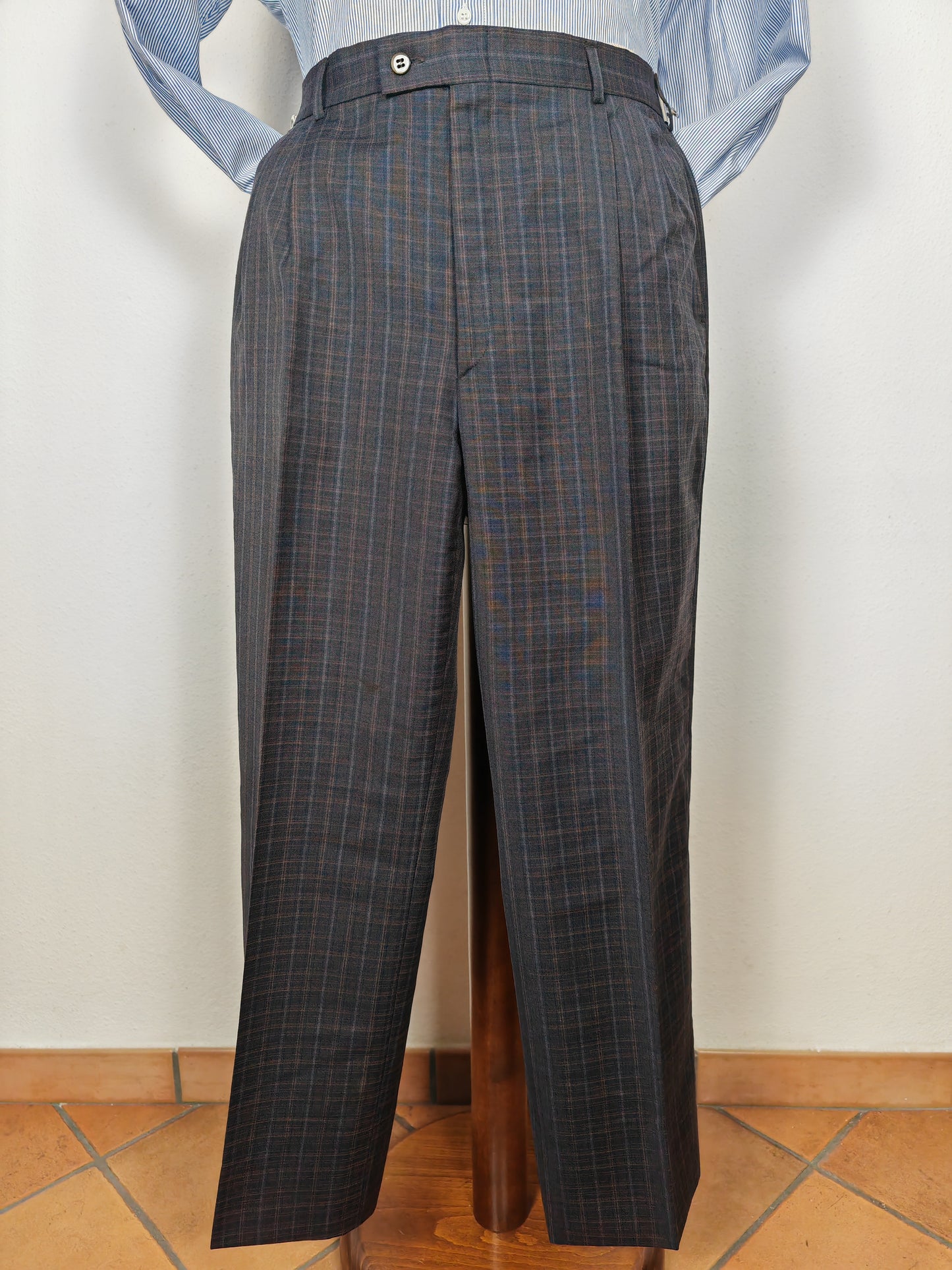 Pantalone anni '80 in fresco lana blu a quadri - tg. 48