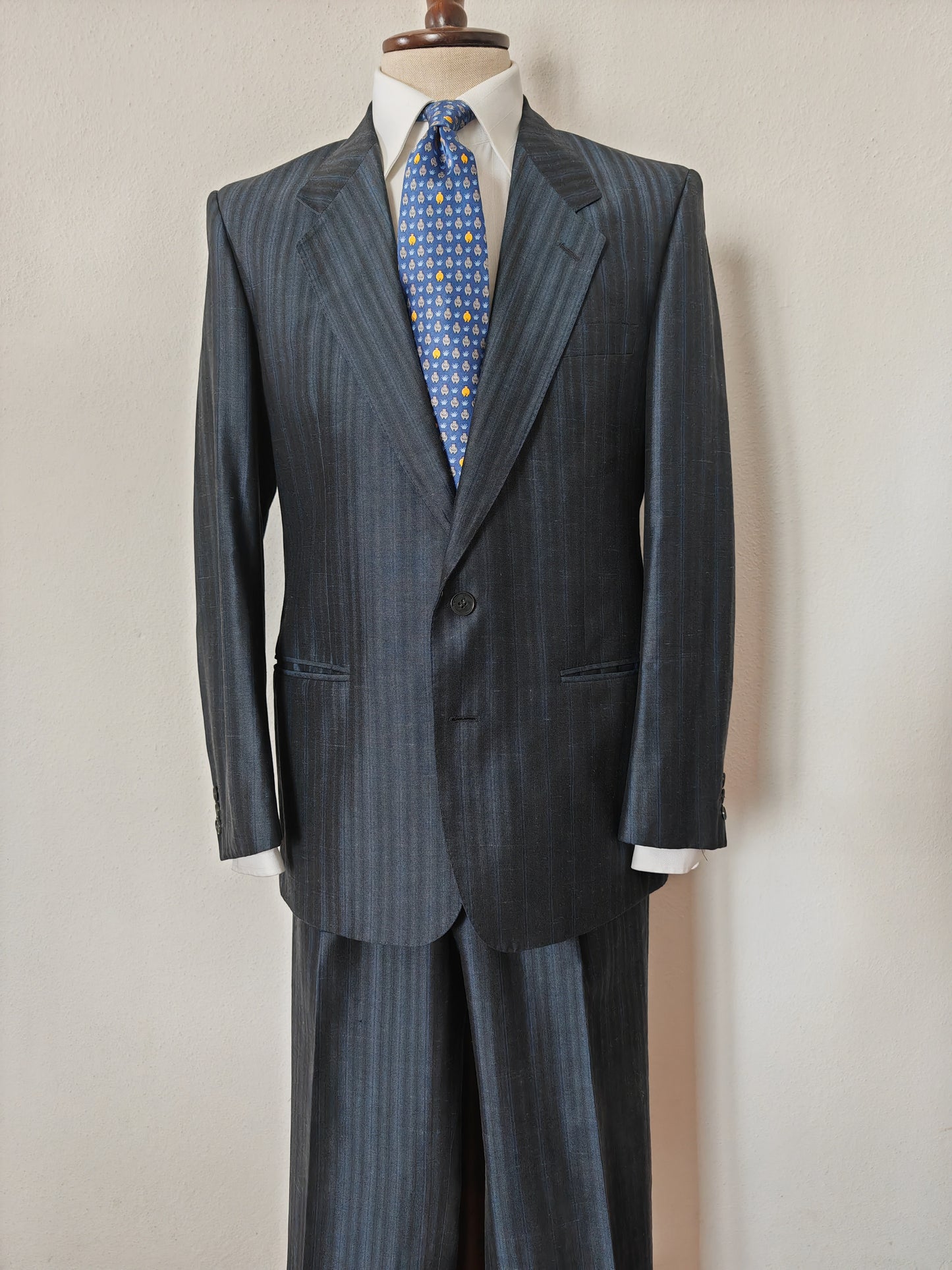 Completo anni '80 blu in pura seta shantung Marzotto - tg. 50