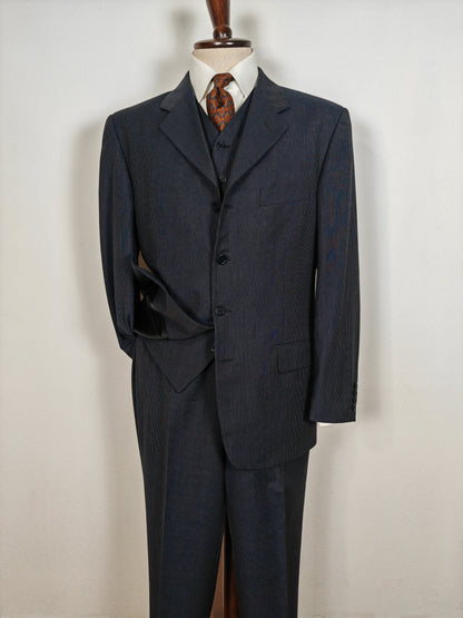 Completo 3 pezzi anni '90 in fresco lana blu gessato - tg. 50