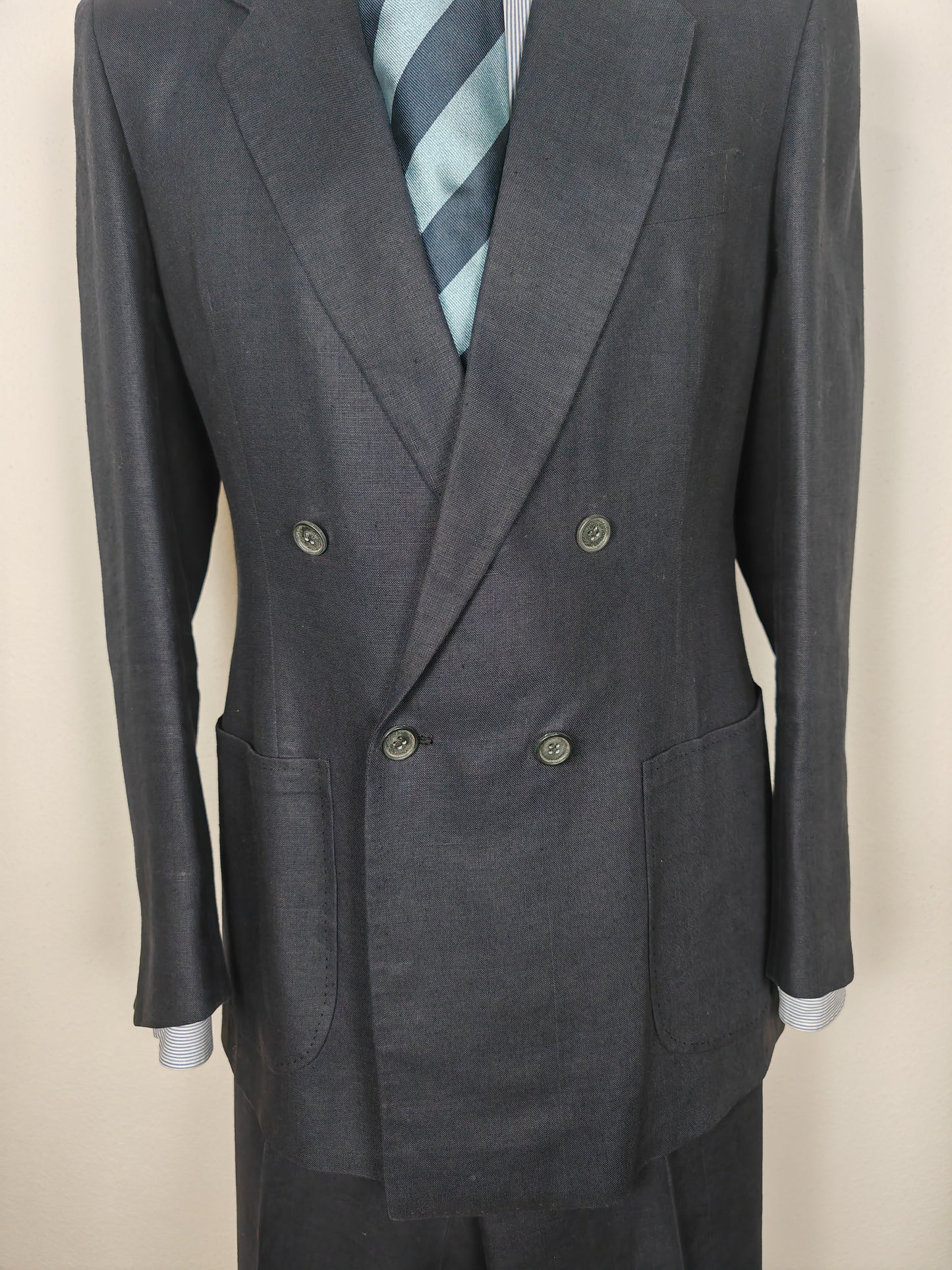 Completo doppiopetto sartoriale anni '70 in puro lino blu - tg. 46