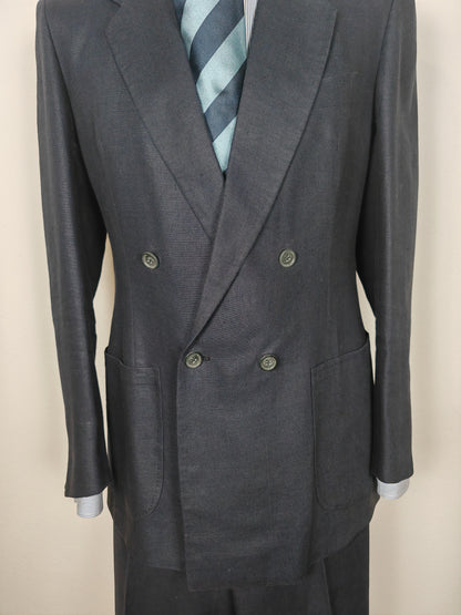 Completo doppiopetto sartoriale anni '70 in puro lino blu - tg. 46