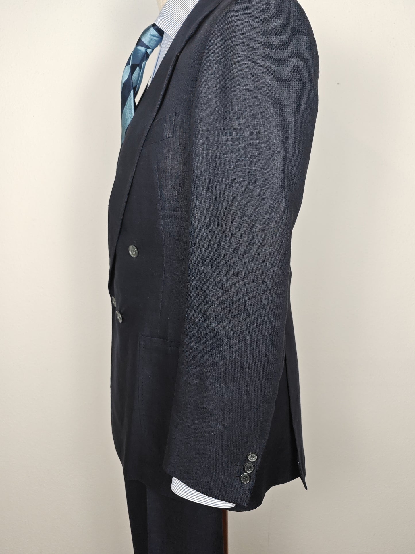 Completo doppiopetto sartoriale anni '70 in puro lino blu - tg. 46